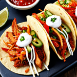 **Vibrant Kimchi Tacos, showcasing a delicious fusion of Korean and Mexican flavors, with a close-up on the colorful ingredients and a modern culinary aesthetic.**