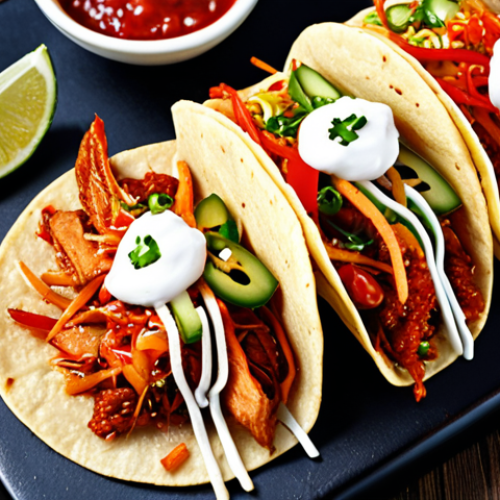 Home 13 **Vibrant Kimchi Tacos, showcasing a delicious fusion of Korean and Mexican flavors, with a close-up on the colorful ingredients and a modern culinary aesthetic.**