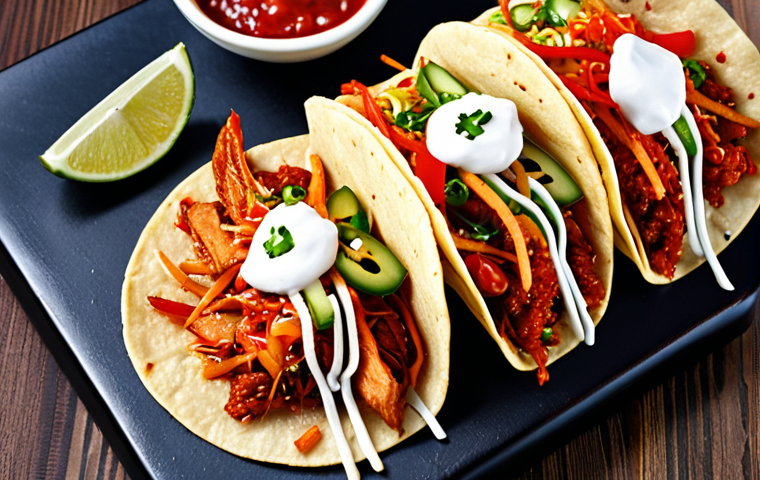 **Vibrant Kimchi Tacos, showcasing a delicious fusion of Korean and Mexican flavors, with a close-up on the colorful ingredients and a modern culinary aesthetic.**