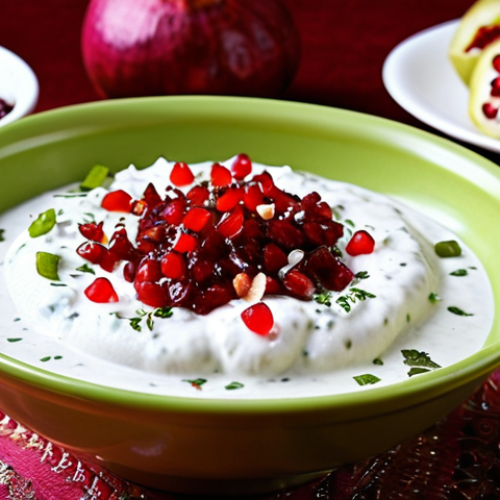 Home 8 **Image of Dahi Bhalle:** Mouthwatering Dahi Bhalle served cold, topped with yogurt, chutneys, and pomegranate seeds. Focus on the textures and colors of the dish. Background can be a festive setting.