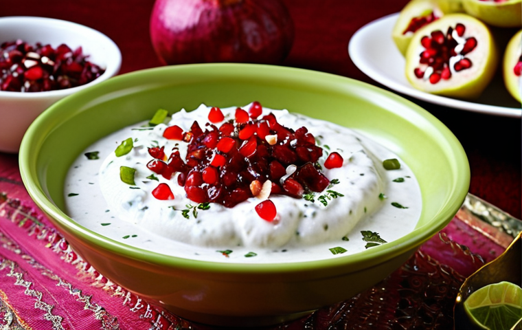 **Image of Dahi Bhalle:** Mouthwatering Dahi Bhalle served cold, topped with yogurt, chutneys, and pomegranate seeds. Focus on the textures and colors of the dish. Background can be a festive setting.