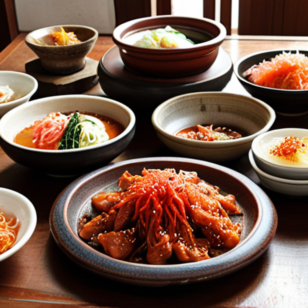 A lavish Korean dining table from Jeollado province, overflowing with an incredible variety of "banchan" (small side dishes) served in traditional stoneware. Prominently featured are vibrant red kimchi and other fermented delights, with large traditional "onggi" (clay pots) visible in a rustic, sunlit background, symbolizing deep culinary tradition and rich, aged flavors.