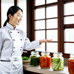 **A professional Korean chef, female, mid-30s, wearing a clean, modest white chef's jacket and a professional apron.** She stands confidently, gently gesturing towards a lavish display of various kimchi types. The setting is a brightly lit, pristine traditional Korean kitchen, with warm, natural light streaming through a window. In the background, traditional Korean fermentation jars (onggi) are neatly arranged on wooden shelves. In the foreground and midground, a large wooden table is filled with an assortment of beautifully arranged kimchi varieties: vibrant red Baechu Kimchi, crisp Kkakdugi (radish kimchi), fresh Oi Sobagi (cucumber kimchi), and other diverse, colorful kimchi, presented in elegant ceramic bowls and small serving dishes. The focus is on the rich textures, diverse colors, and authentic appearance of the fermented vegetables. Professional photography, high resolution, detailed, studio lighting, vivid colors, deep depth of field, safe for work, appropriate content, fully clothed, professional dress, perfect anatomy, correct proportions, natural pose, well-formed hands, proper finger count, natural body proportions, modest clothing.