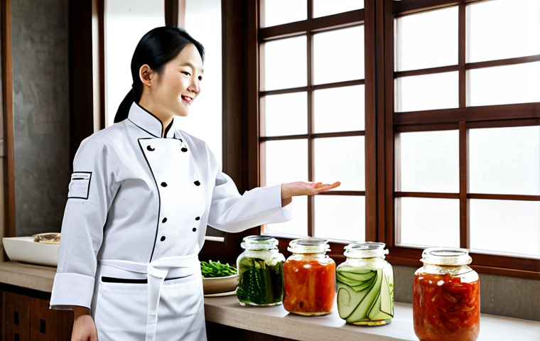 **A professional Korean chef, female, mid-30s, wearing a clean, modest white chef's jacket and a professional apron.** She stands confidently, gently gesturing towards a lavish display of various kimchi types. The setting is a brightly lit, pristine traditional Korean kitchen, with warm, natural light streaming through a window. In the background, traditional Korean fermentation jars (onggi) are neatly arranged on wooden shelves. In the foreground and midground, a large wooden table is filled with an assortment of beautifully arranged kimchi varieties: vibrant red Baechu Kimchi, crisp Kkakdugi (radish kimchi), fresh Oi Sobagi (cucumber kimchi), and other diverse, colorful kimchi, presented in elegant ceramic bowls and small serving dishes. The focus is on the rich textures, diverse colors, and authentic appearance of the fermented vegetables. Professional photography, high resolution, detailed, studio lighting, vivid colors, deep depth of field, safe for work, appropriate content, fully clothed, professional dress, perfect anatomy, correct proportions, natural pose, well-formed hands, proper finger count, natural body proportions, modest clothing.