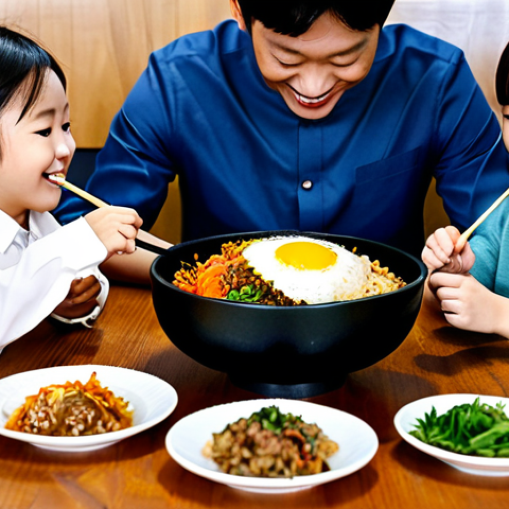 **

A family-friendly scene in a modern Korean restaurant, showcasing a beautifully arranged Bibimbap dish on a wooden table. The family is smiling and enjoying their meal, fully clothed in modest attire. Background features traditional Korean decor elements. Perfect anatomy, correct proportions, natural pose, well-formed hands, proper finger count, natural body proportions. Safe for work, appropriate content, professional, modest.

**