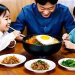 **

A family-friendly scene in a modern Korean restaurant, showcasing a beautifully arranged Bibimbap dish on a wooden table. The family is smiling and enjoying their meal, fully clothed in modest attire. Background features traditional Korean decor elements. Perfect anatomy, correct proportions, natural pose, well-formed hands, proper finger count, natural body proportions. Safe for work, appropriate content, professional, modest.

**