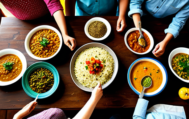 **Prompt 1: Healthy Home-Cooked Meal**

"A vibrant and appetizing spread of home-cooked Indian dishes on a wooden table, featuring colorful vegetables, lentils, and whole grains, fully clothed family members enjoying the meal together, warm lighting, safe for work, appropriate content, perfect anatomy, natural proportions, professional food photography, high quality, family-friendly"