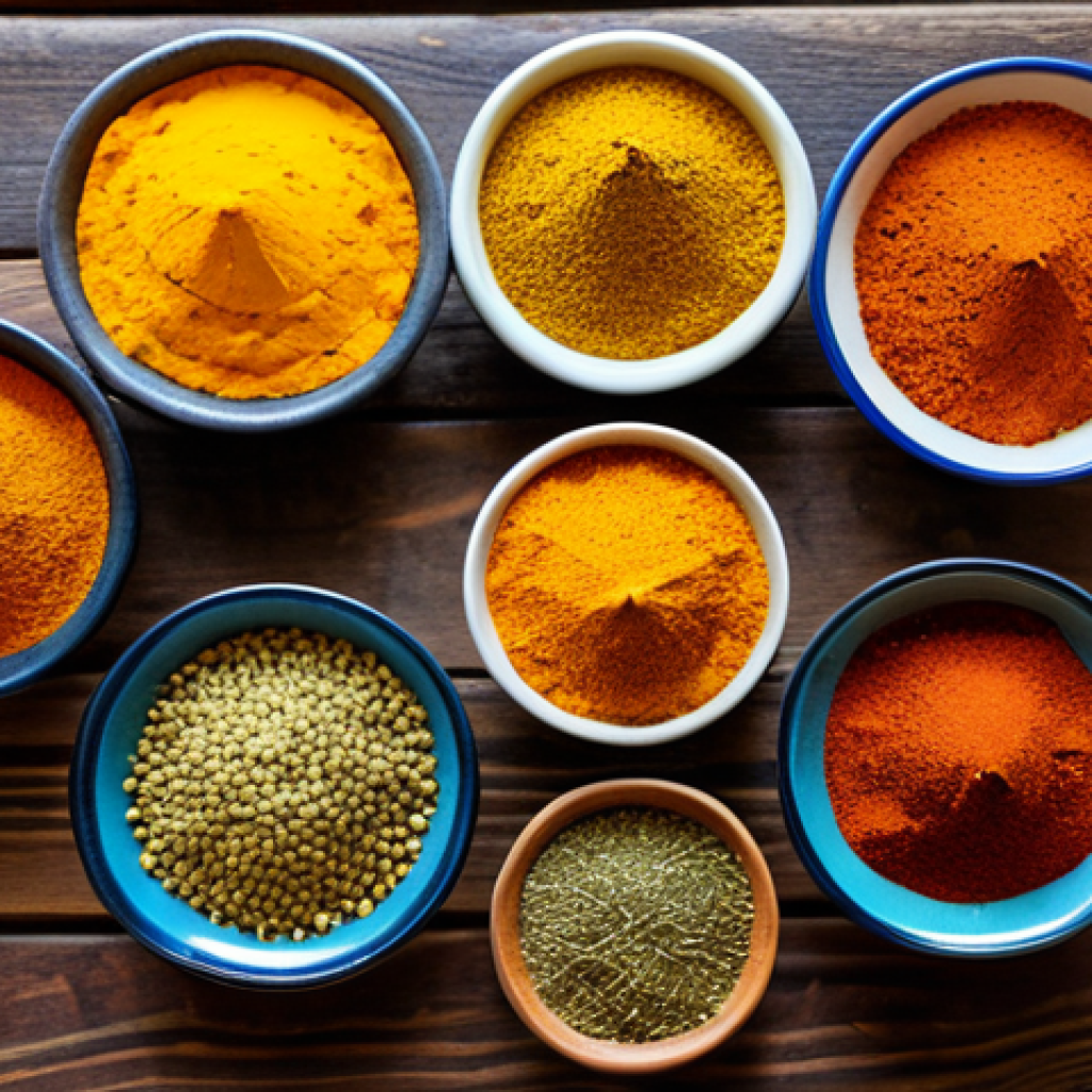 한식 해외 반응 - Spices of India**

"A vibrant and colorful display of various Indian spices (turmeric, coriander, cu...