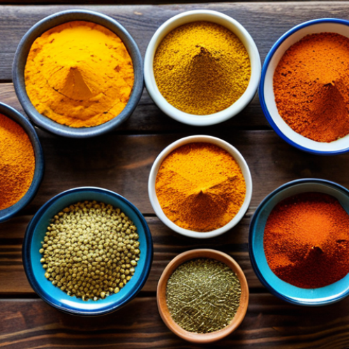 Home 18 한식 해외 반응 - Spices of India**
"A vibrant and colorful display of various Indian spices (turmeric, coriander, cu...