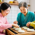 전통 한식 명절 음식 소개 - **Prompt:** "A heartwarming and vibrant scene of a multi-generational Korean family making Songpyeon...