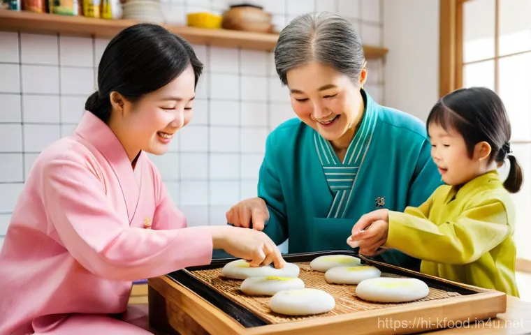 전통 한식 명절 음식 소개 - **Prompt:** "A heartwarming and vibrant scene of a multi-generational Korean family making Songpyeon...