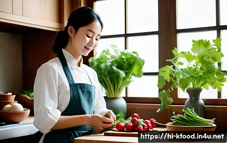 한식 요리에 활용하는 천연재료 - **Prompt:** A serene and brightly lit kitchen in a traditional Korean home. A young Korean woman, dr...