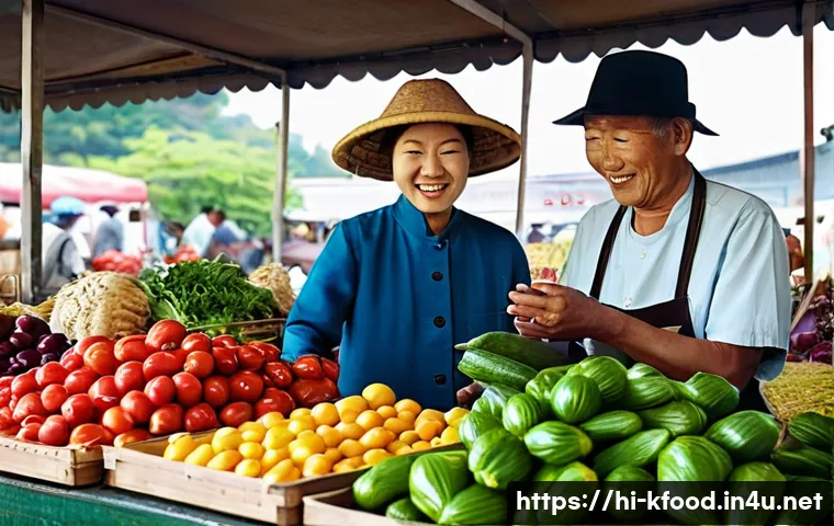 한식의 친환경 식재료 활용 - **Prompt 1: Vibrant Korean Farmers Market with Fresh Produce**
"A bustling and vibrant outdoor K...