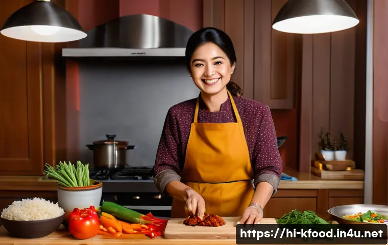 한식 대기업 밀키트 제품 - A vibrant and cozy kitchen scene featuring a middle-aged Hindi-speaking woman preparing a Korean Chi...