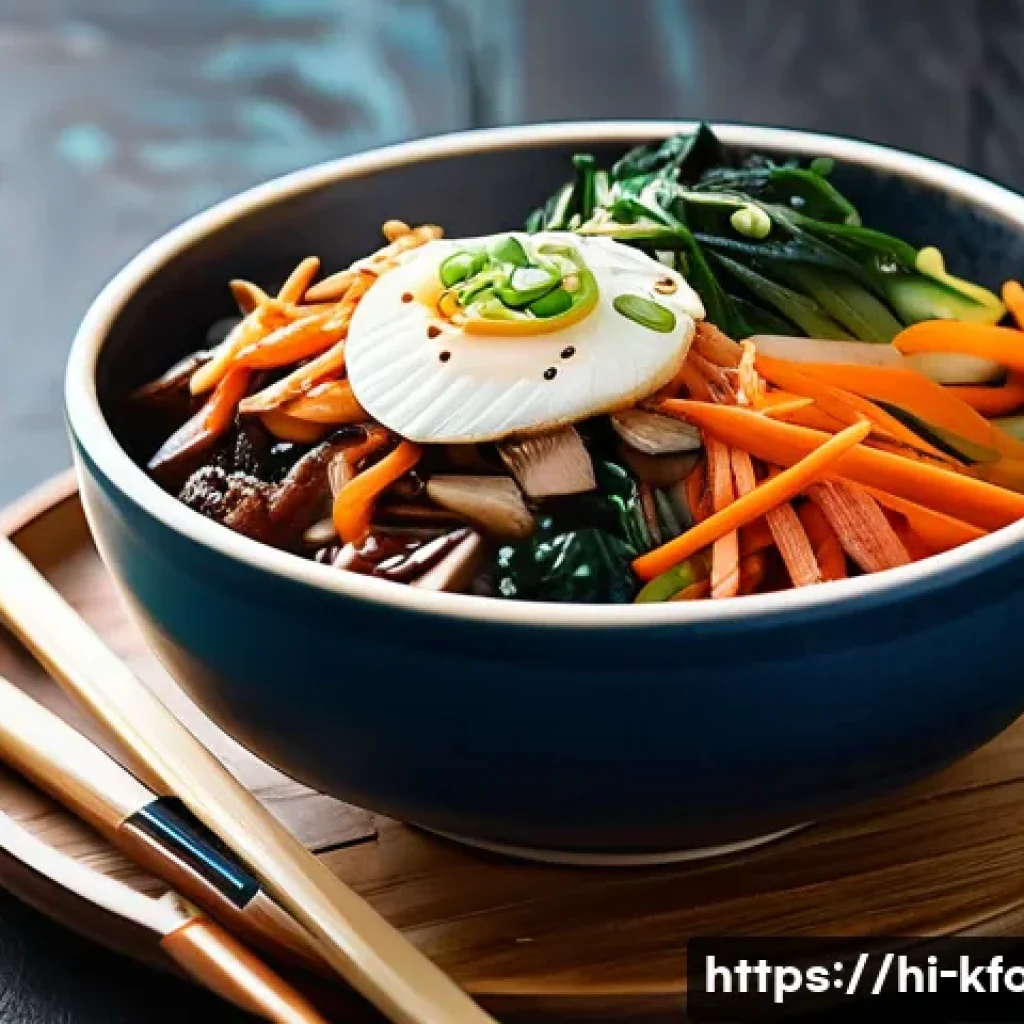 한식 채식 밀키트 - A vibrant and detailed close-up of a Korean vegetarian bibimbap bowl featuring colorful fresh vegeta...