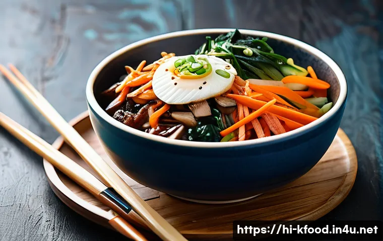 한식 채식 밀키트 - A vibrant and detailed close-up of a Korean vegetarian bibimbap bowl featuring colorful fresh vegeta...