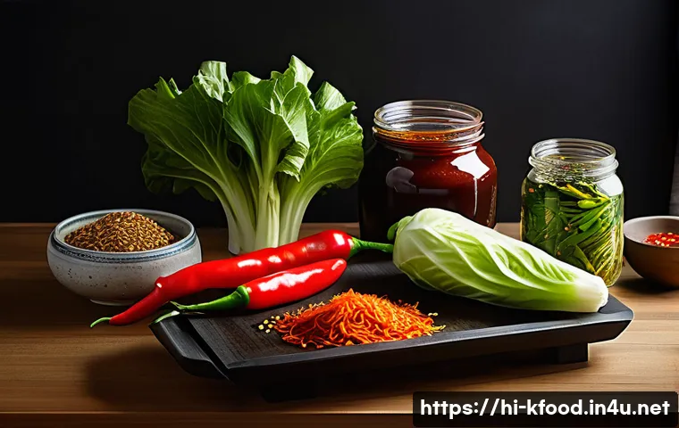 한식 요리 기초 과정 - A vibrant Korean kitchen scene showing a traditional setup for making kimchi: a wooden table filled ...