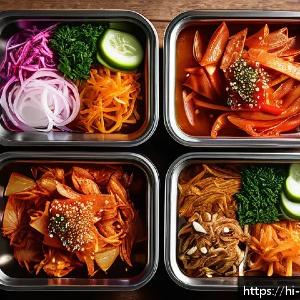 한식 반찬 종류와 보관법 - A vibrant Korean banchan spread featuring colorful fermented kimchi made from napa cabbage and radis...