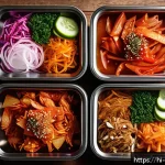 Home 22 한식 반찬 종류와 보관법 - A vibrant Korean banchan spread featuring colorful fermented kimchi made from napa cabbage and radis...