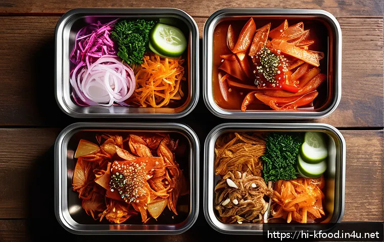한식 반찬 종류와 보관법 - A vibrant Korean banchan spread featuring colorful fermented kimchi made from napa cabbage and radis...