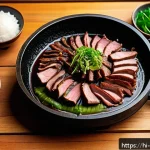 Home 21 한식 육류 요리 레시피 - A vibrant Korean barbecue scene featuring thinly sliced beef and pork marinated with soy sauce, garl...