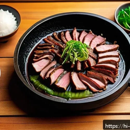 Home 33 한식 육류 요리 레시피 - A vibrant Korean barbecue scene featuring thinly sliced beef and pork marinated with soy sauce, garl...