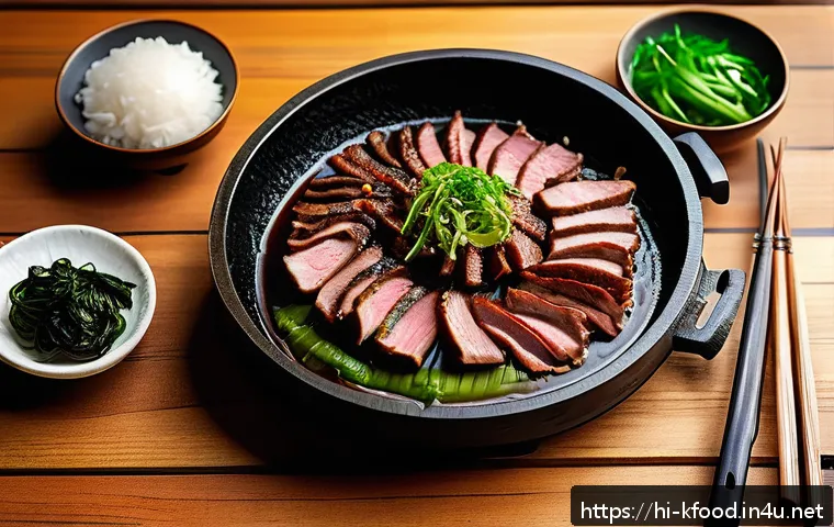 한식 육류 요리 레시피 - A vibrant Korean barbecue scene featuring thinly sliced beef and pork marinated with soy sauce, garl...