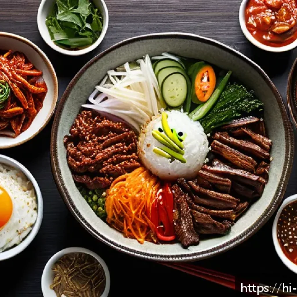 한식의 미식 철학 - A vibrant Korean dining table scene featuring an assortment of traditional dishes like kimchi, bibim...