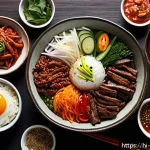 Home 20 한식의 미식 철학 - A vibrant Korean dining table scene featuring an assortment of traditional dishes like kimchi, bibim...