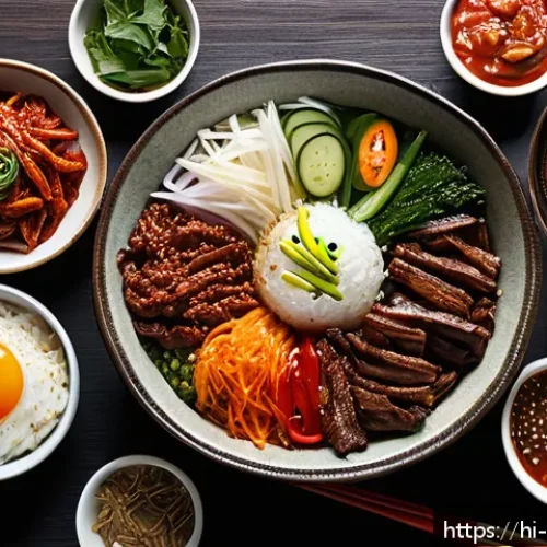 Home 32 한식의 미식 철학 - A vibrant Korean dining table scene featuring an assortment of traditional dishes like kimchi, bibim...