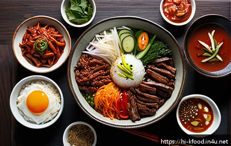 한식의 미식 철학 - A vibrant Korean dining table scene featuring an assortment of traditional dishes like kimchi, bibim...