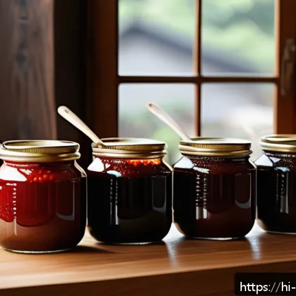 한식 장류 비교  된장 간장 고추장 - A rustic Korean kitchen scene featuring traditional fermented sauces prominently displayed: a jar of...