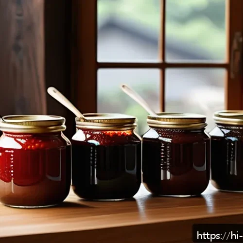 Home 31 한식 장류 비교 된장 간장 고추장 - A rustic Korean kitchen scene featuring traditional fermented sauces prominently displayed: a jar of...