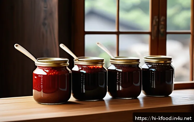 한식 장류 비교  된장 간장 고추장 - A rustic Korean kitchen scene featuring traditional fermented sauces prominently displayed: a jar of...