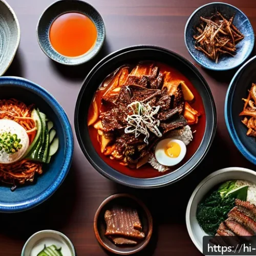 Home 30 한식과 다른 아시아 음식 비교 - A vibrant and detailed Korean dining table scene showcasing traditional dishes like kimchi, bibimbap...