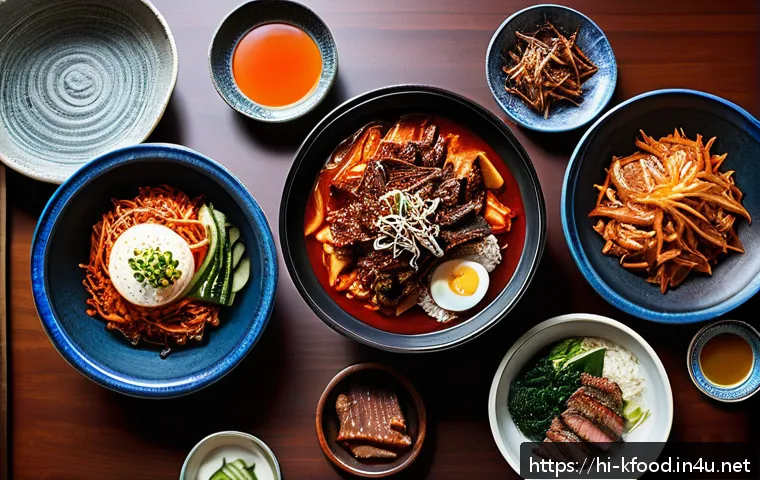 한식과 다른 아시아 음식 비교 - A vibrant and detailed Korean dining table scene showcasing traditional dishes like kimchi, bibimbap...