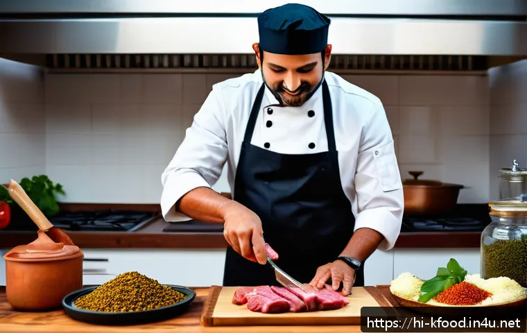 한식 고기구이 양념법 - A vibrant kitchen scene featuring a Hindi-speaking chef preparing a traditional Indian meat marinade...