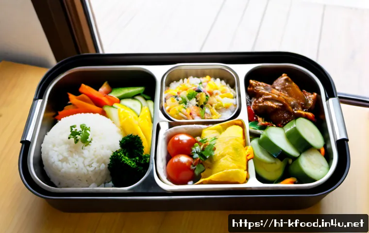 Home 17 한식 도시락 레시피 - Photorealistic Korean-style homemade lunchbox arranged neatly on a light wooden table, steamed white...