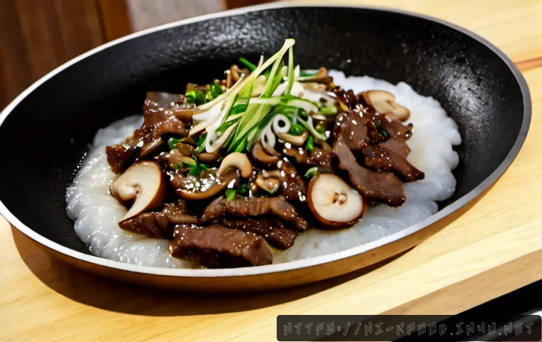한식 불고기 레시피 - Photorealistic Korean bulgogi cooking scene, thinly sliced marinated beef sizzling in a black skille...