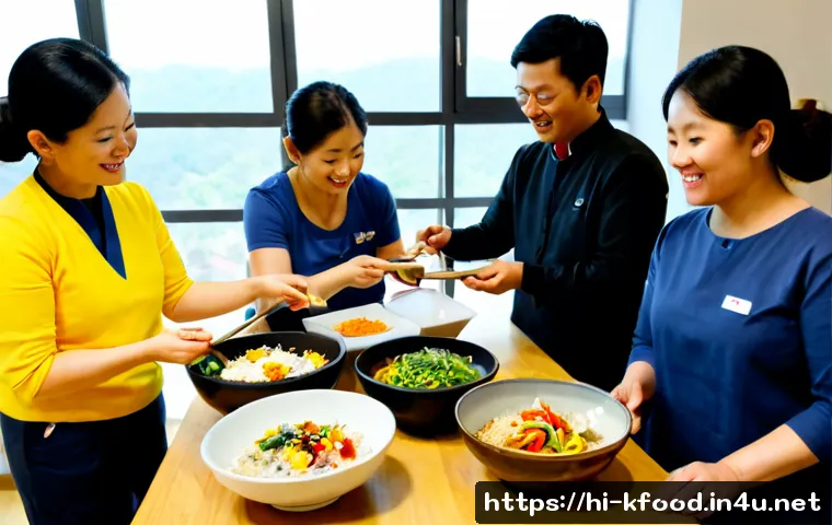 한식 관련 체험 프로그램 - Photorealistic Korean cuisine cultural experience workshop, a diverse group of adult visitors learni...