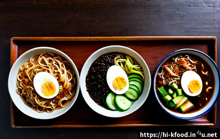 한식 국수 요리 종류 - Photorealistic overhead food photography of three distinct Korean noodle dishes arranged neatly on a...